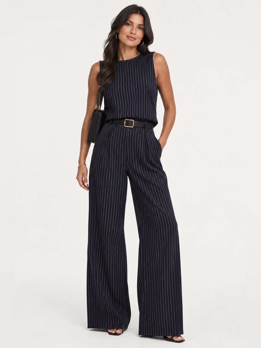 COMMENSE Pinstriped Sleeveless Top & Pant Set with Belt - Picture 1 of 3